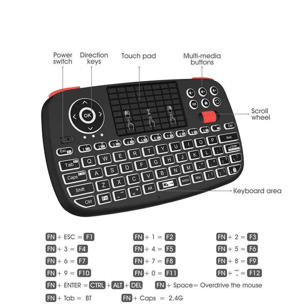 i4 dual mode bluetooth 2.4g wireless mini keyboard in black with multimedia keys