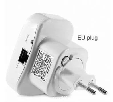 Black and white Wi-Fi signal repeater with choice of UK, EU, US, AU plugs and a network cable.