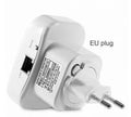 Black and white Wi-Fi signal repeater with choice of UK, EU, US, AU plugs and a network cable.