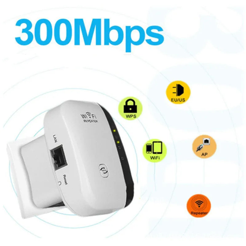 Black and white Wi-Fi signal repeater with choice of UK, EU, US, AU plugs and a network cable.