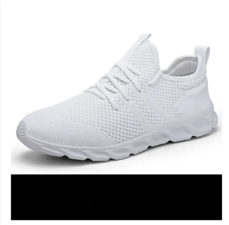 Men's black and white breathable mesh casual sneakers with lace-up closure and PVC sole.