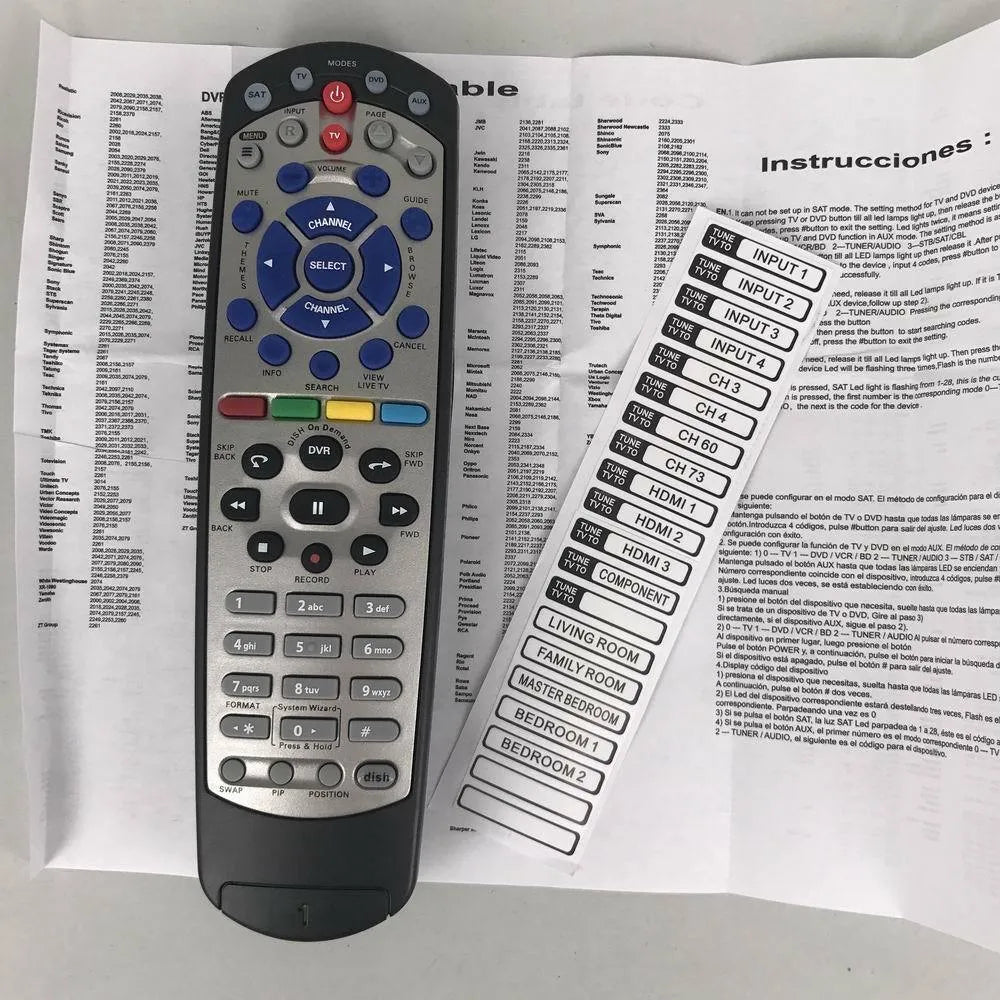 Black flat universal remote control compatible with DISH Network and SAT VIP devices.