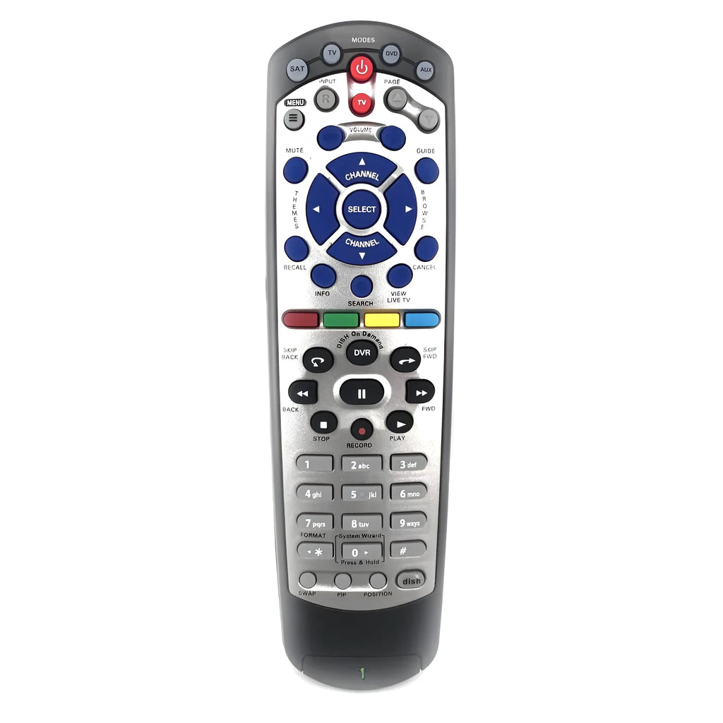 Black flat universal remote control compatible with DISH Network and SAT VIP devices.