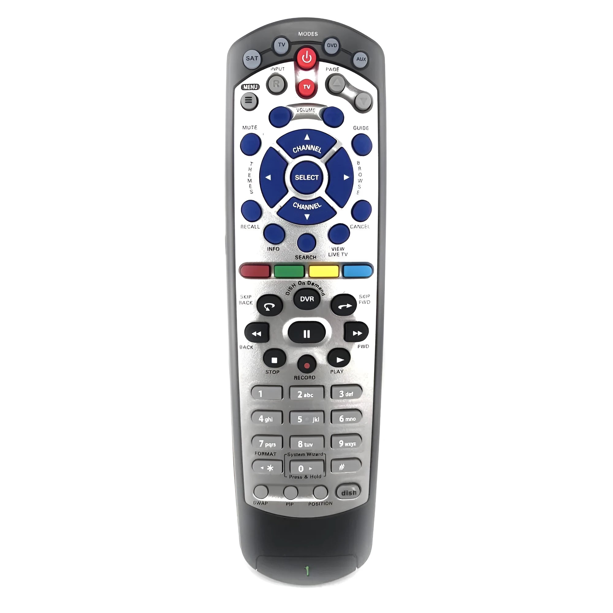 Black flat universal remote control compatible with DISH Network and SAT VIP devices.
