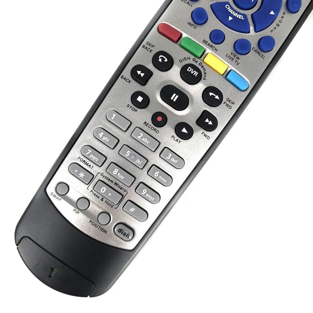 Black flat universal remote control compatible with DISH Network and SAT VIP devices.