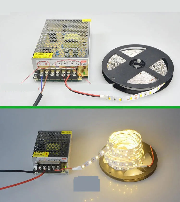 Close-up of a flexible white 12V LED light strip with either 2835 or 5050 chips, designed for shelf lighting.