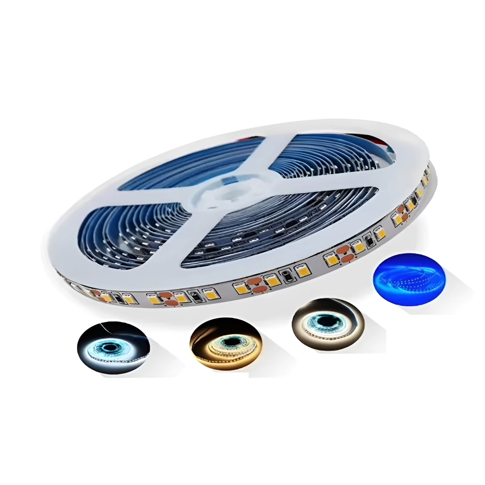 Close-up of a flexible white 12V LED light strip with either 2835 or 5050 chips, designed for shelf lighting.