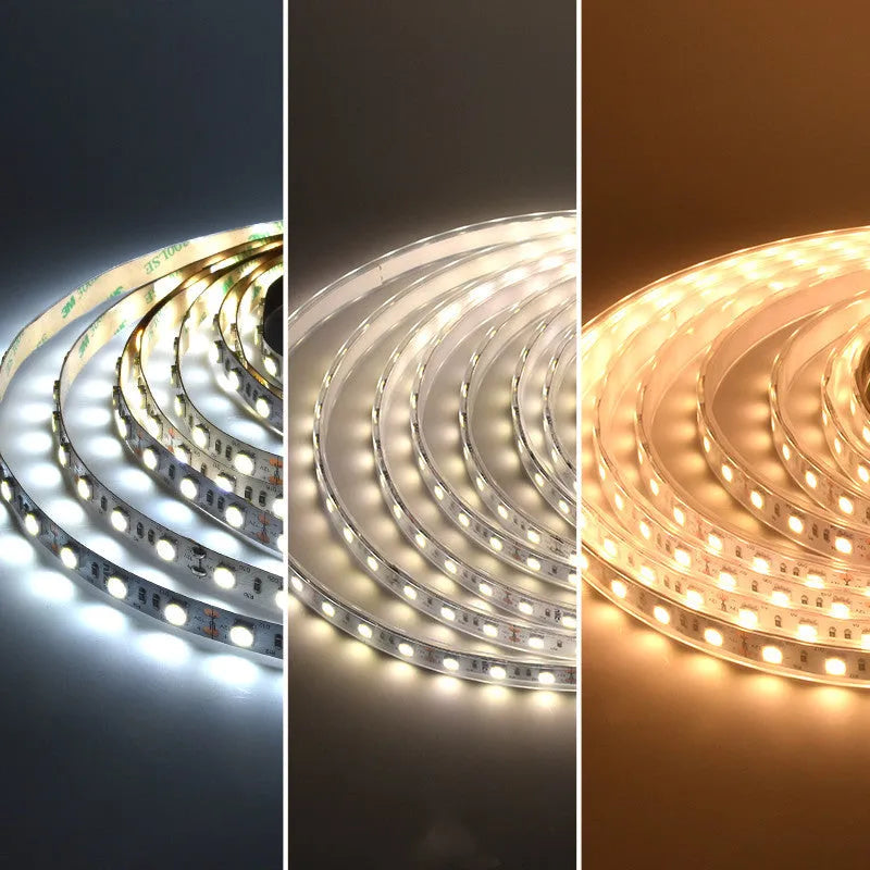 Close-up of a flexible white 12V LED light strip with either 2835 or 5050 chips, designed for shelf lighting.