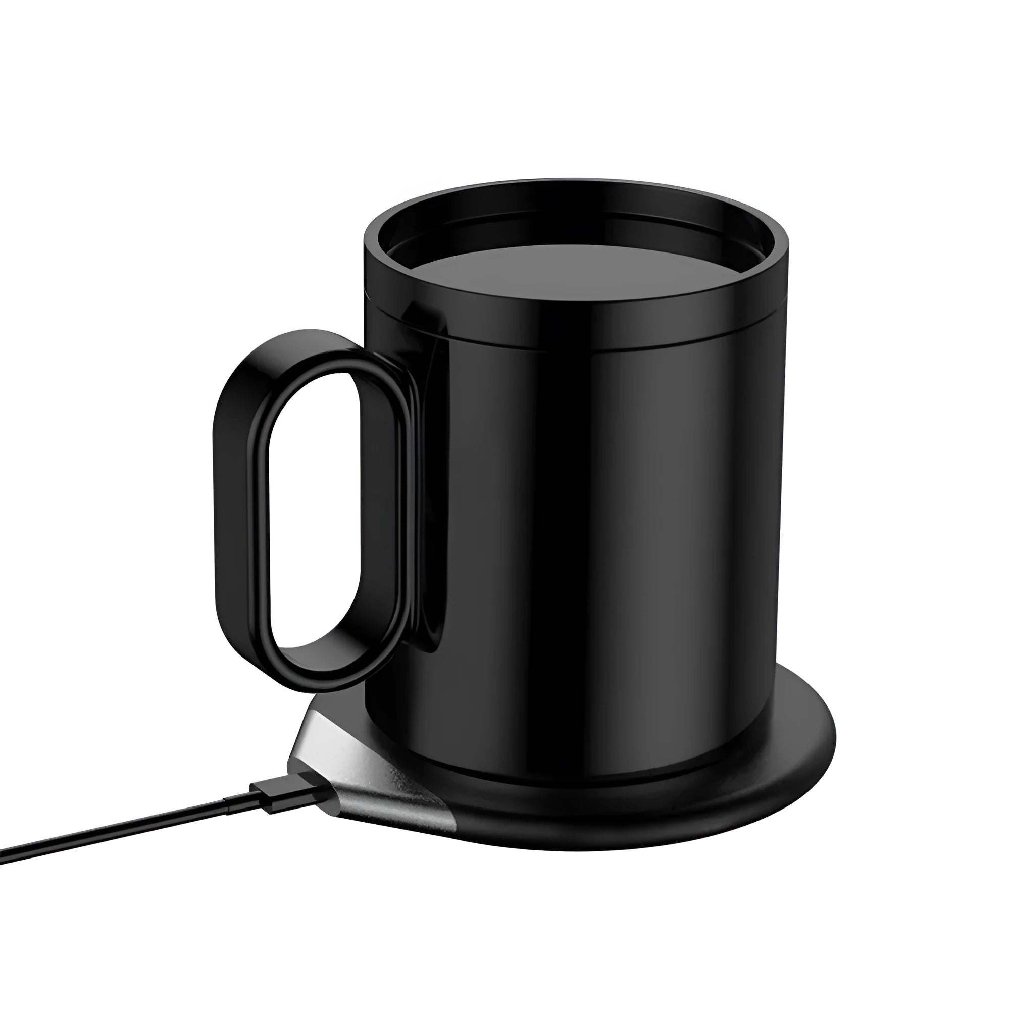 Black wireless charging warm cup on desk next to smartphone, showing USB cable.