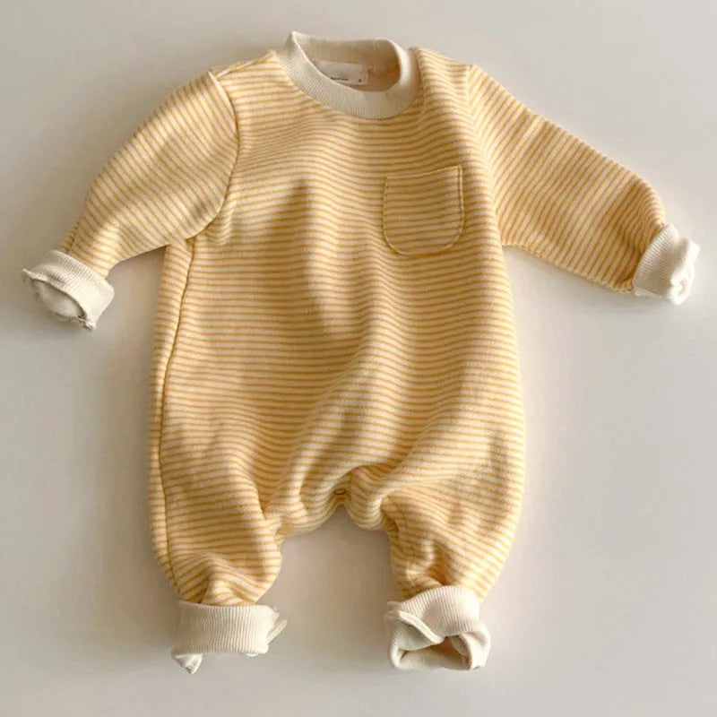 Striped cotton baby jumpsuit with long sleeves in yellow or black colour options