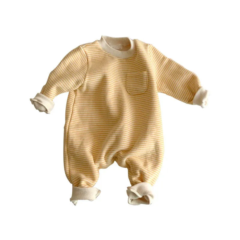 Striped cotton baby jumpsuit with long sleeves in yellow or black colour options