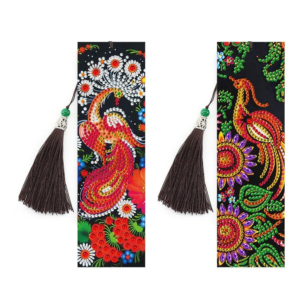 5D diamond painting DIY kit for making a PU leather bookmark with pendant, dimensions 6x21cm.
