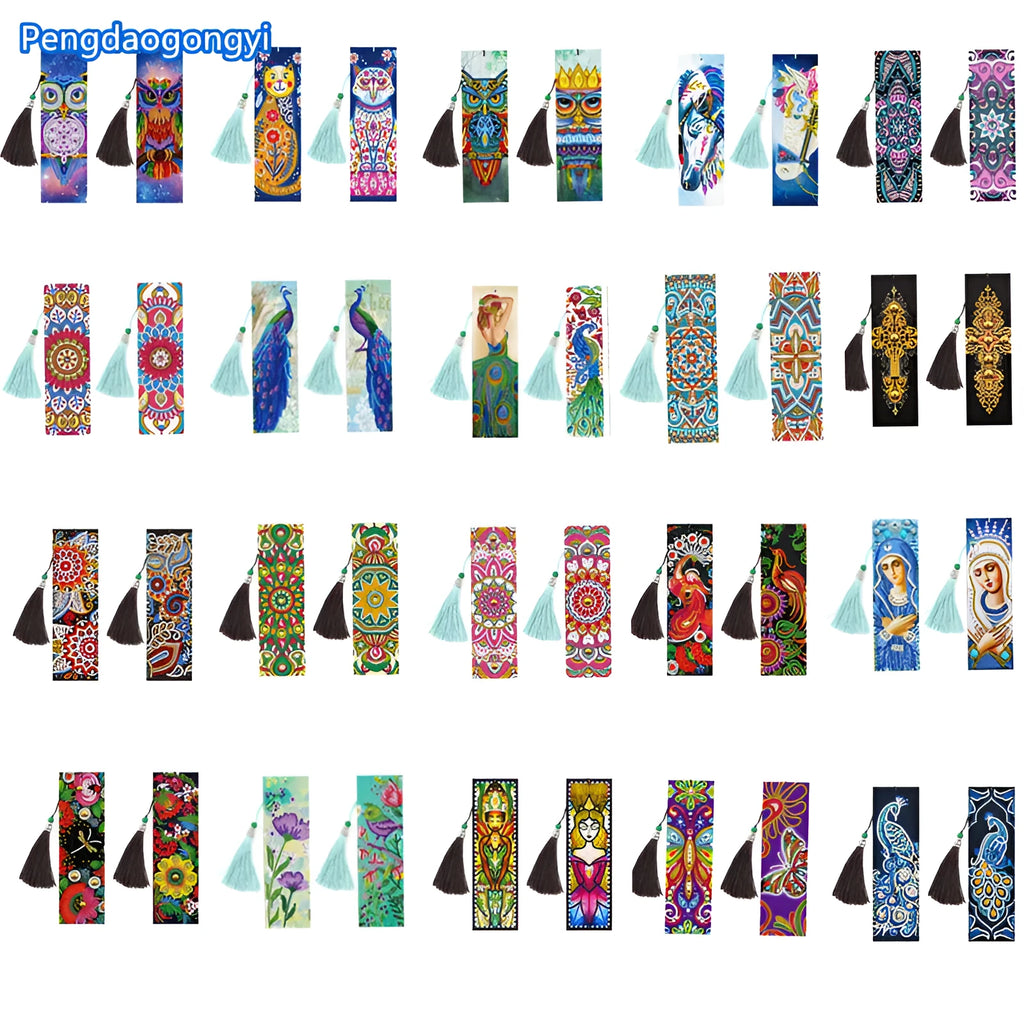 5D diamond painting DIY kit for making a PU leather bookmark with pendant, dimensions 6x21cm.