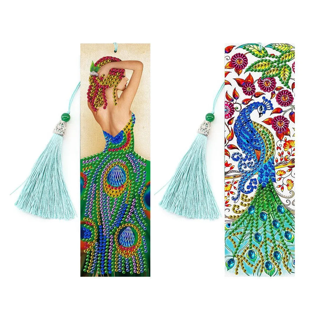 5D diamond painting DIY kit for making a PU leather bookmark with pendant, dimensions 6x21cm.