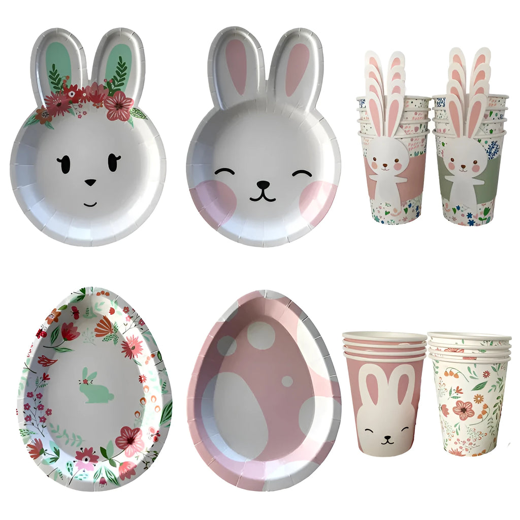 Easter paper plates and cups set with pink and green rabbit and egg shapes, including 19x14.5cm and 25x17cm plates and 9oz cups