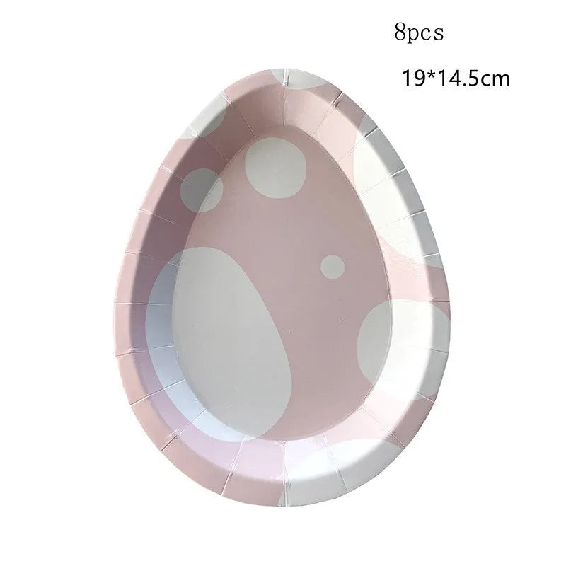 Easter paper plates and cups set with pink and green rabbit and egg shapes, including 19x14.5cm and 25x17cm plates and 9oz cups