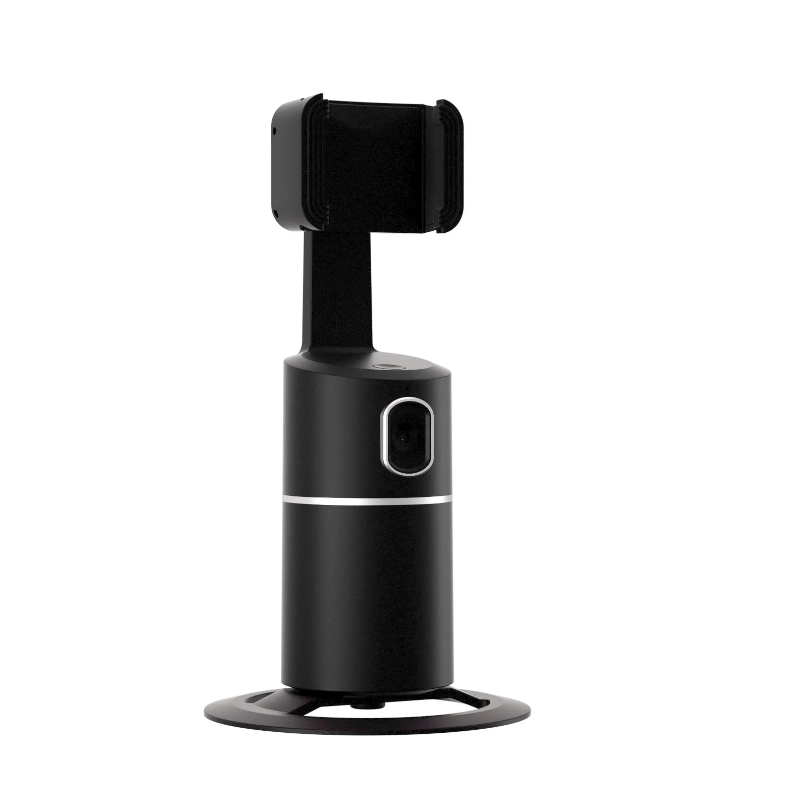 Black smartphone tracking gimbal stabiliser showing 360-degree rotation on a desk.