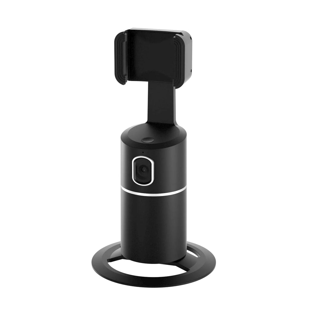 Black smartphone tracking gimbal stabiliser showing 360-degree rotation on a desk.