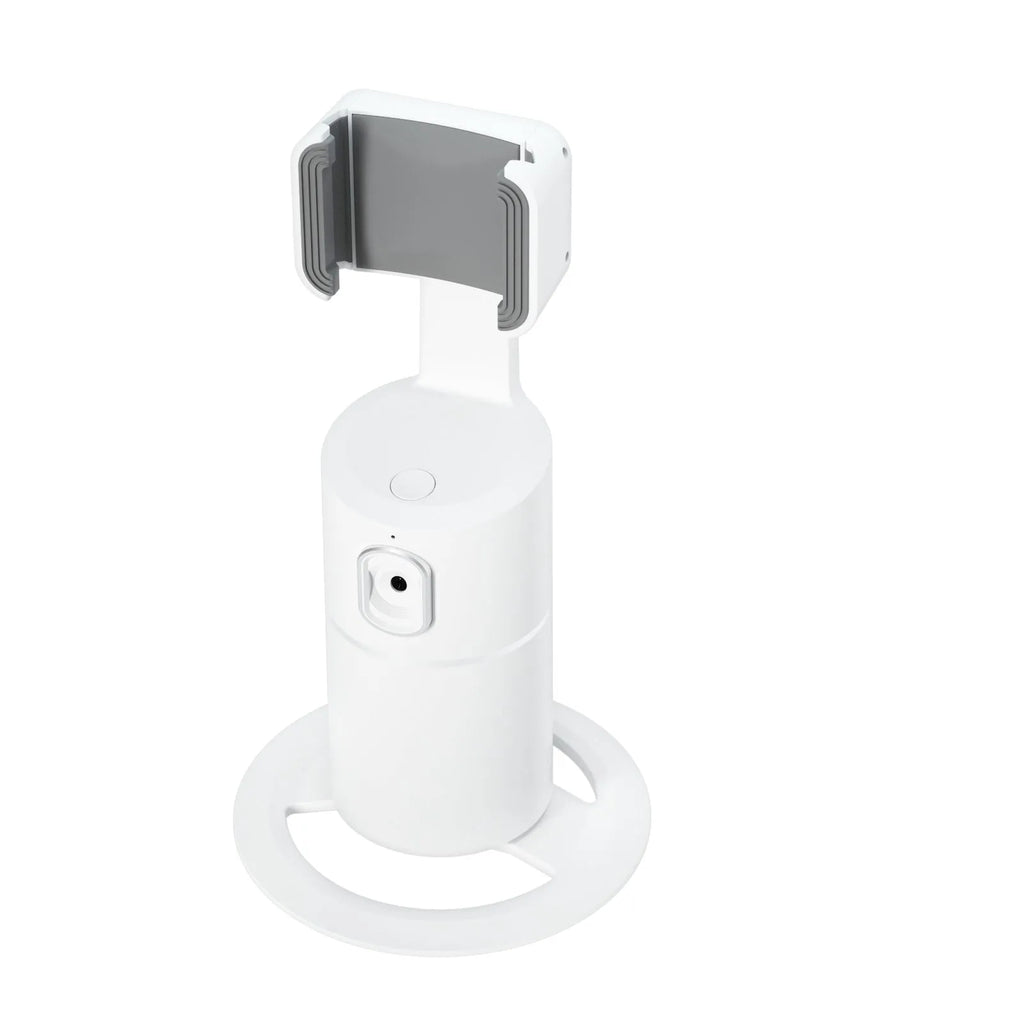 Black smartphone tracking gimbal stabiliser showing 360-degree rotation on a desk.