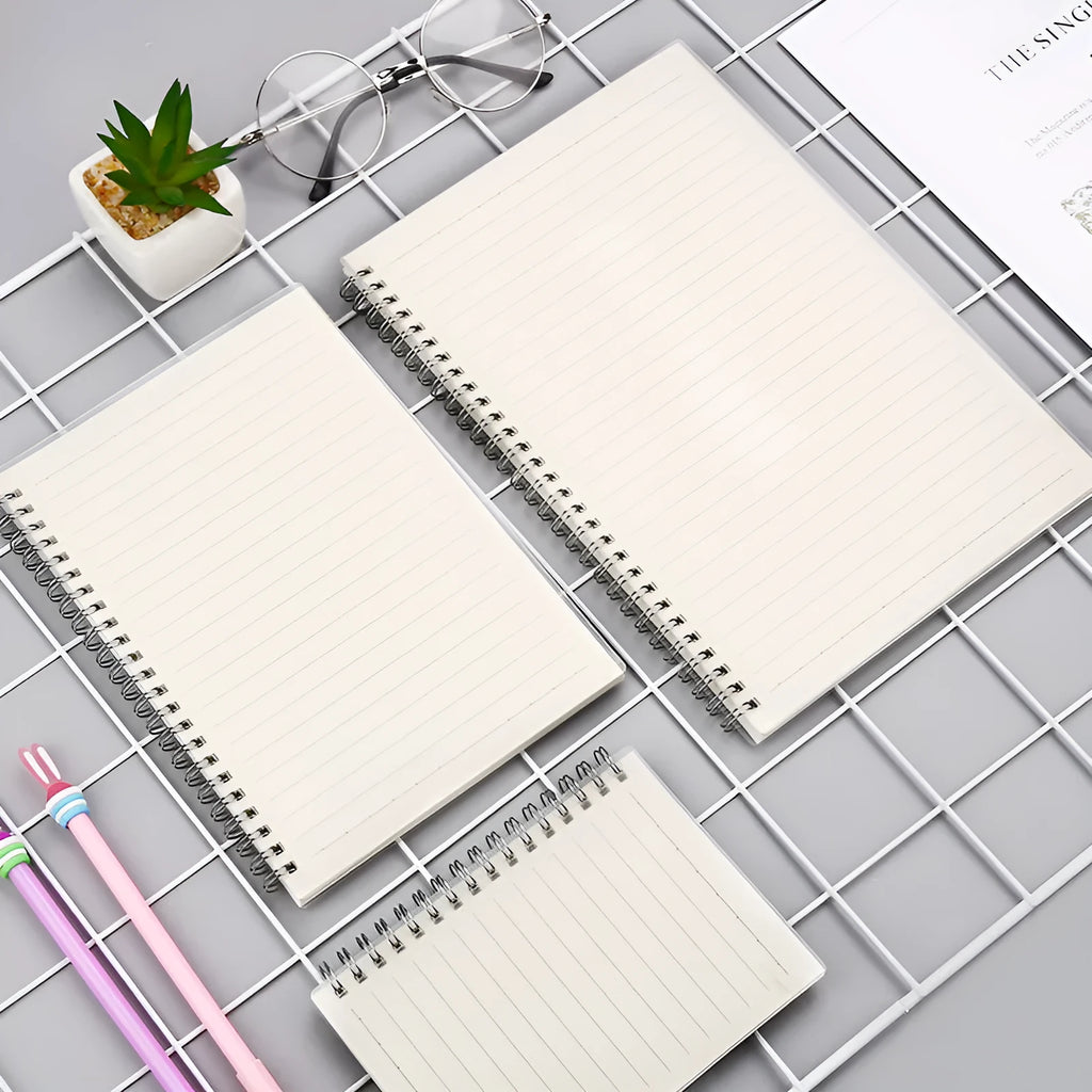Creative spiral notebook open on dot grid page, showing A5 size and PP matte cover.