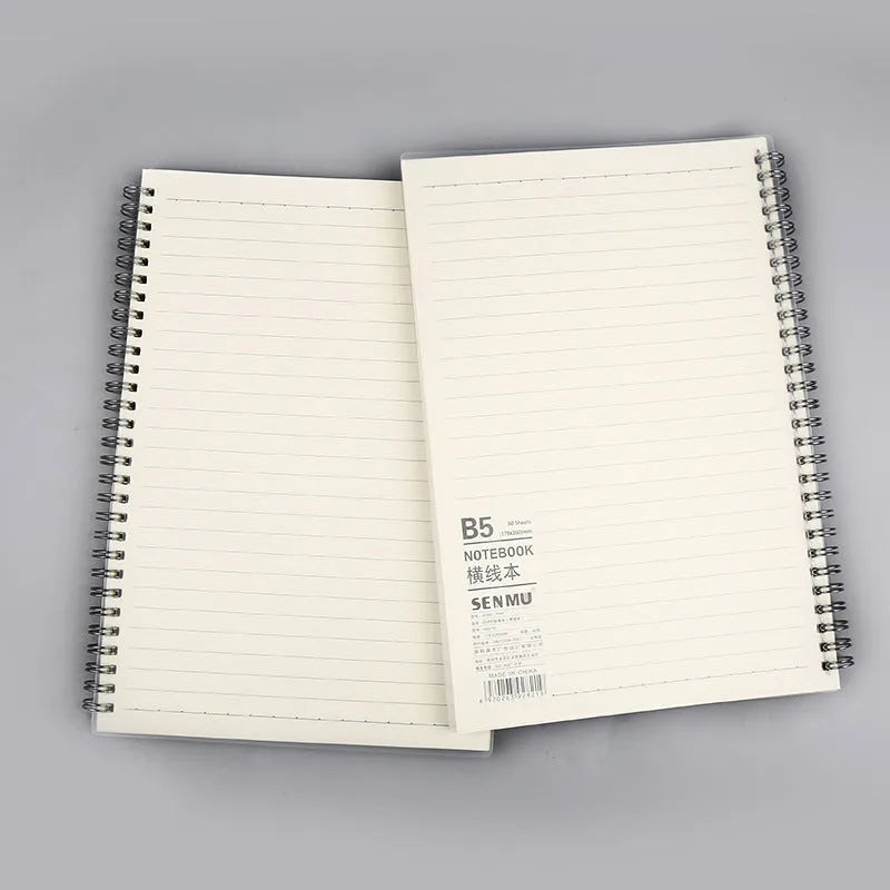 Creative spiral notebook open on dot grid page, showing A5 size and PP matte cover.