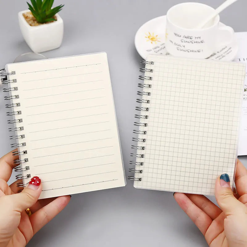 Creative spiral notebook open on dot grid page, showing A5 size and PP matte cover.