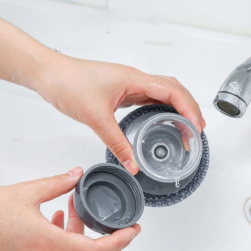 PET kitchen soap dispensing palm brush with push-type mechanism for scrubbing stoves and tiles