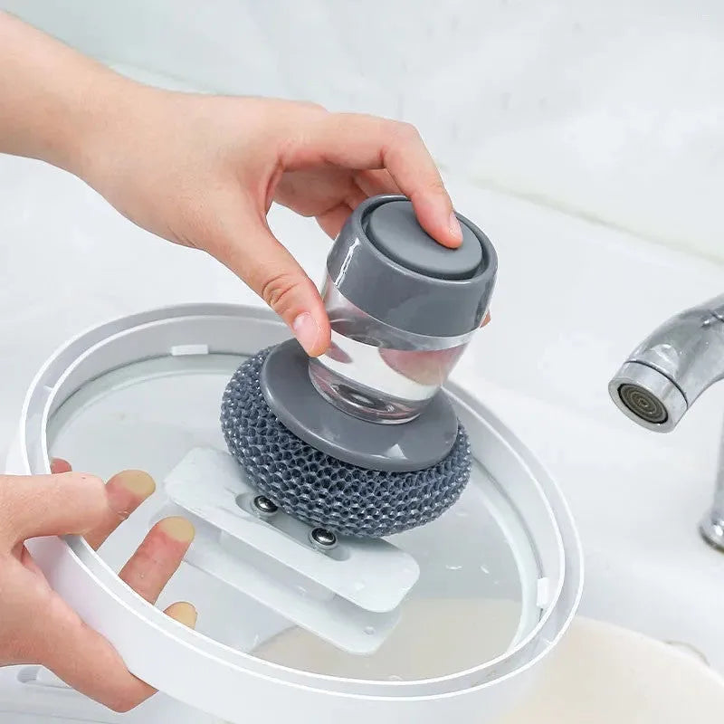 PET kitchen soap dispensing palm brush with push-type mechanism for scrubbing stoves and tiles
