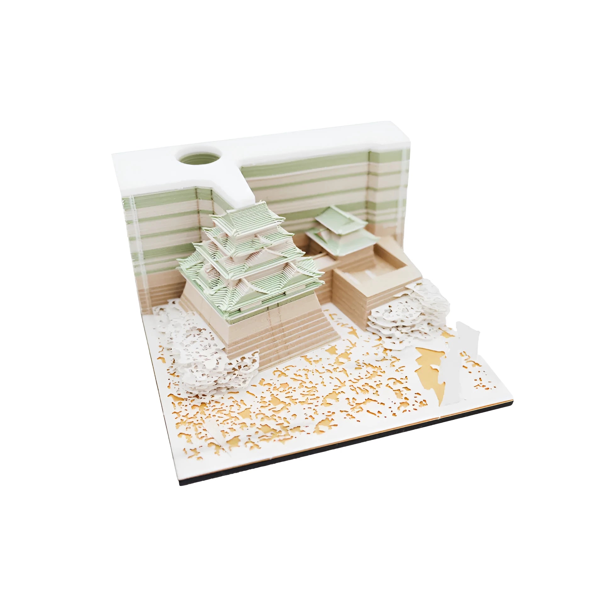 Hayao Miyazaki Spirited Away Tianshou Tower three-dimensional papercraft model kit in gold, pink, or white.