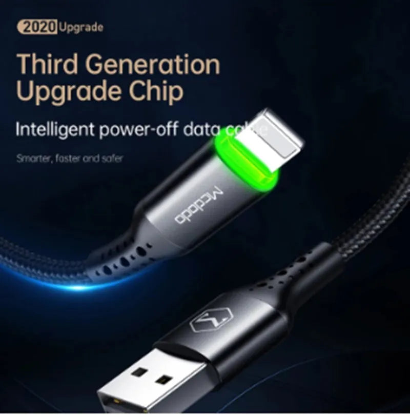 Black MFi-certified Lightning charging cable with dual-colour LED indicator for Apple iPhone