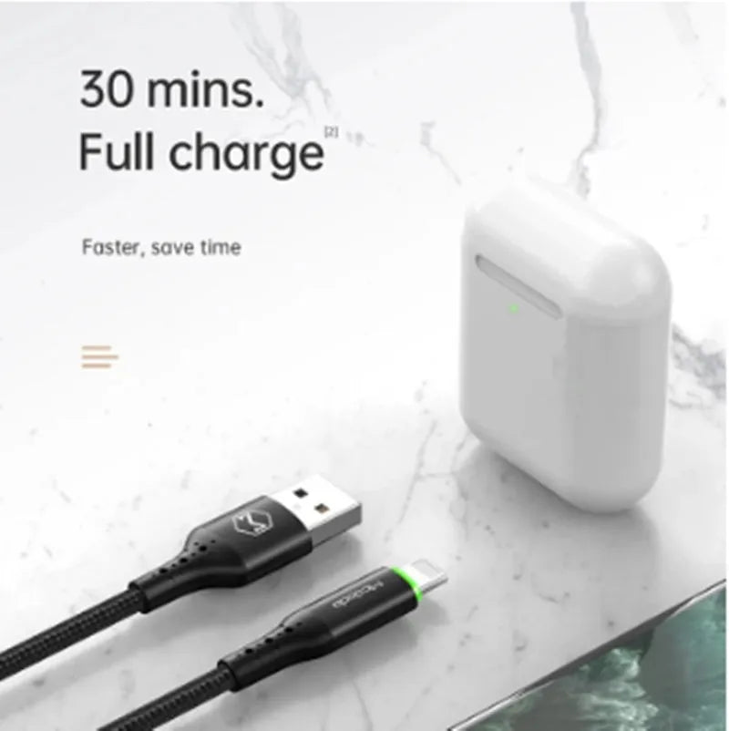 Black MFi-certified Lightning charging cable with dual-colour LED indicator for Apple iPhone