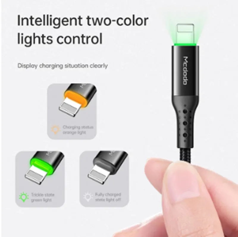 Black MFi-certified Lightning charging cable with dual-colour LED indicator for Apple iPhone