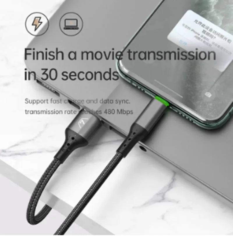 Black MFi-certified Lightning charging cable with dual-colour LED indicator for Apple iPhone