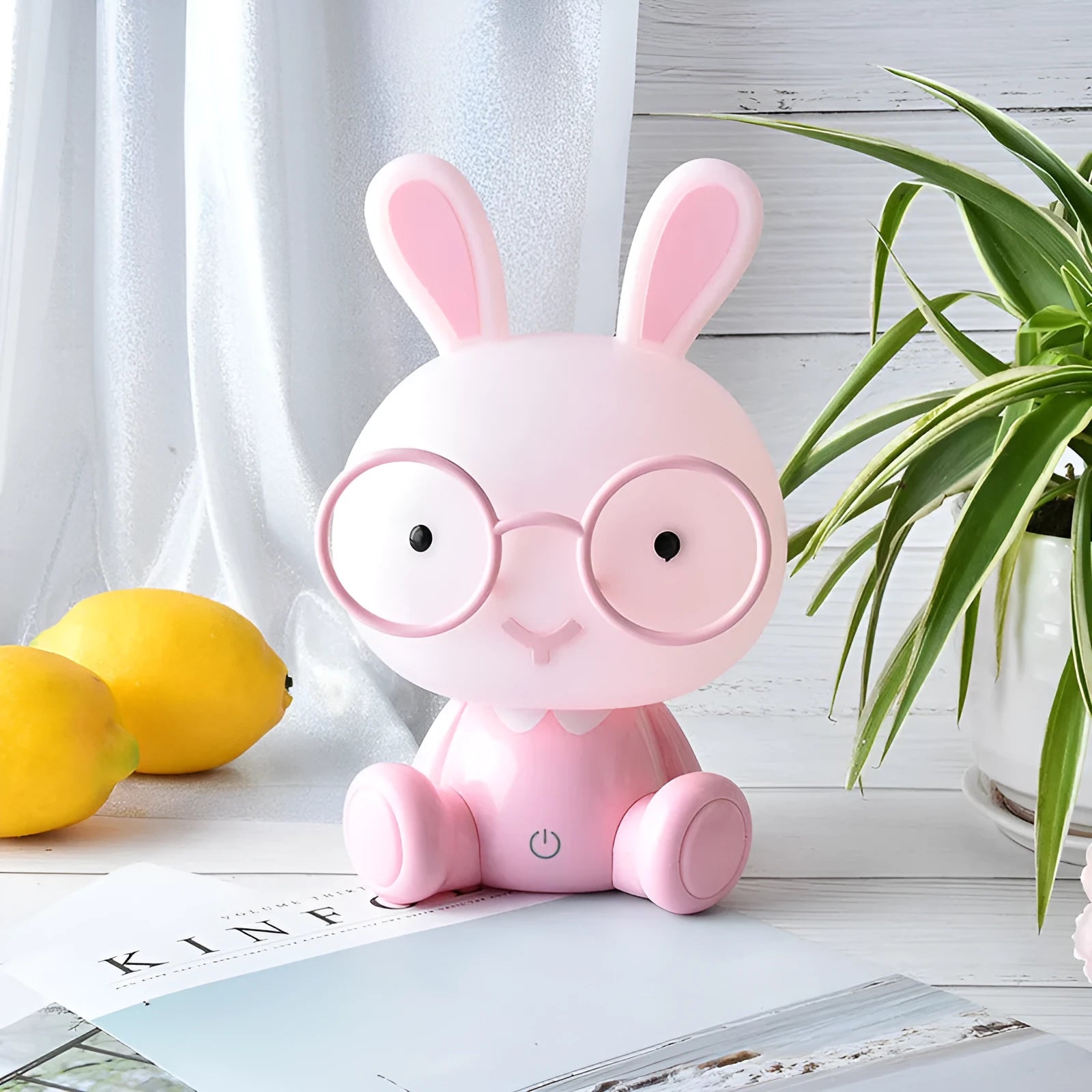 USB-powered cartoon rabbit night light with glasses, available in blue, green, and pink colours