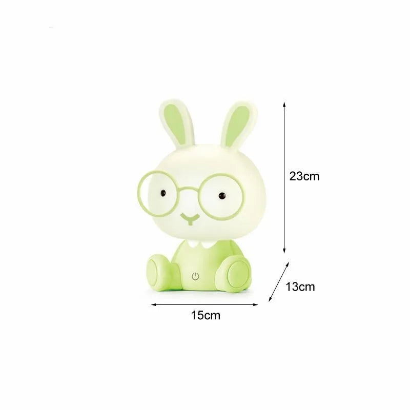 USB-powered cartoon rabbit night light with glasses, available in blue, green, and pink colours