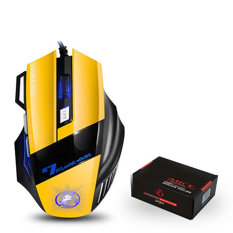 Wired gaming mouse with RGB breathing light, seven buttons, and four-way scroll wheel on a desk