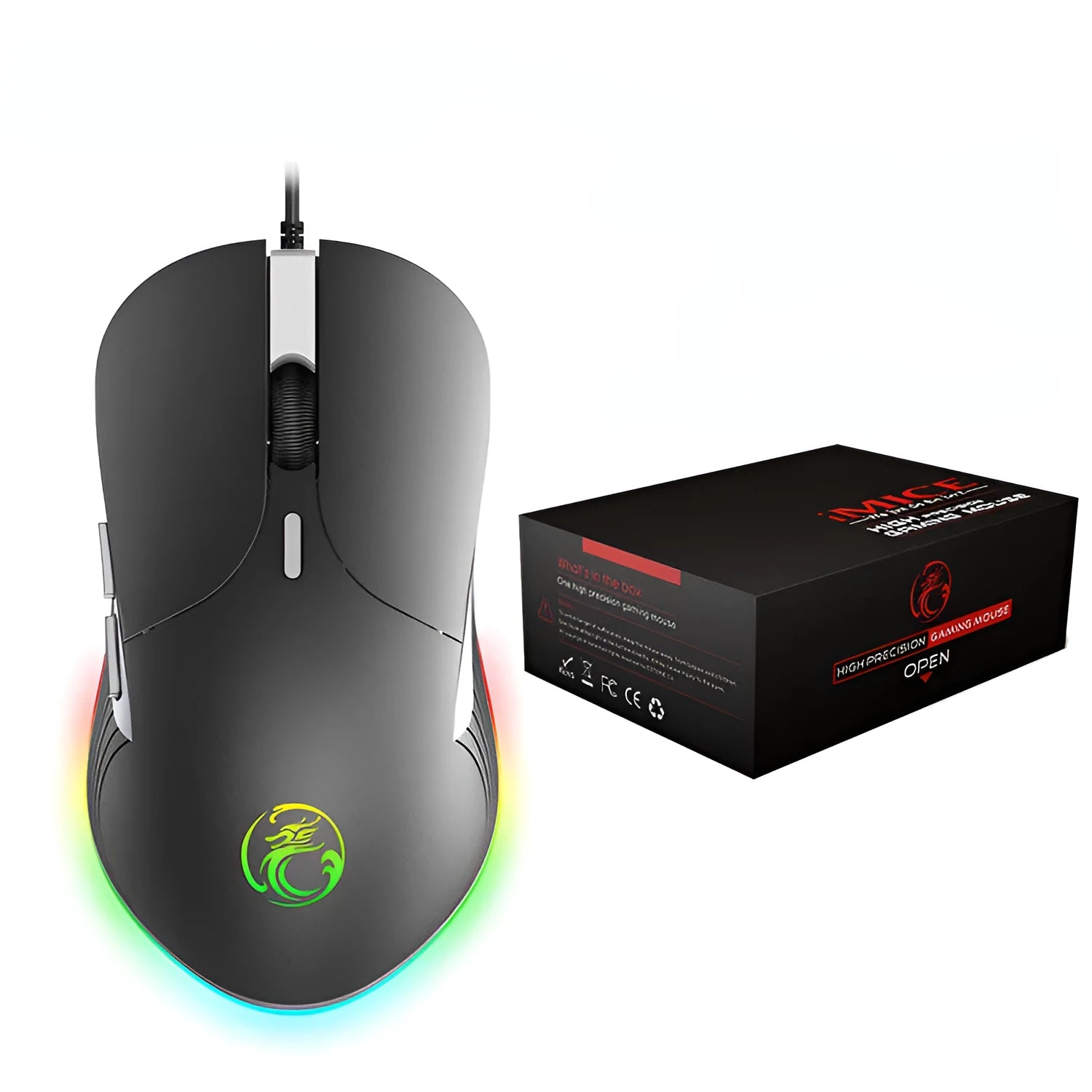 Wired gaming mouse with RGB breathing light, seven buttons, and four-way scroll wheel on a desk