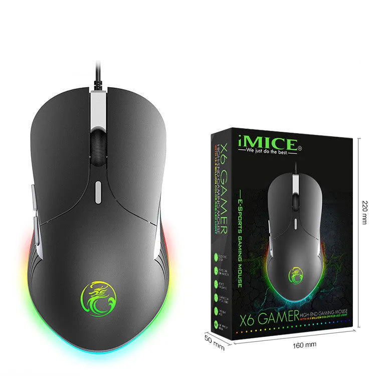 Wired gaming mouse with RGB breathing light, seven buttons, and four-way scroll wheel on a desk