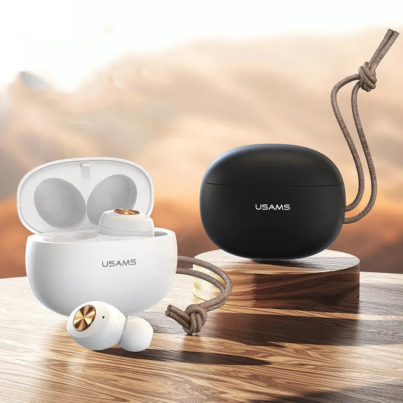 Pebble Series Wireless Bluetooth Mini TWS Binaural Headset in black, white, and dark green with charging case.