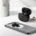 Pebble Series Wireless Bluetooth Mini TWS Binaural Headset in black, white, and dark green with charging case.