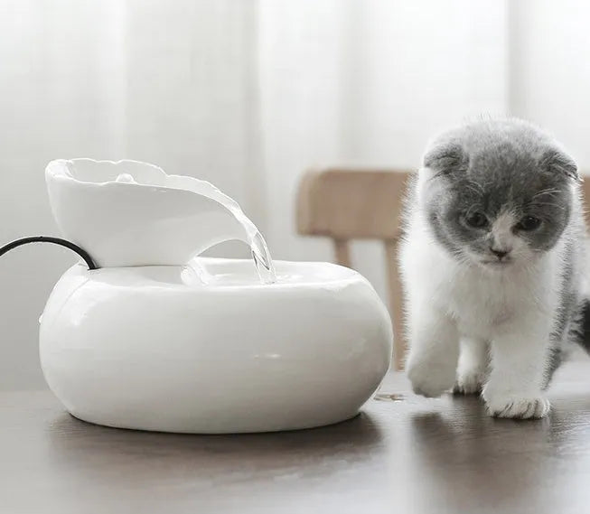White and pink porcelain leaf automatic cat water dispenser with EU or US plug option