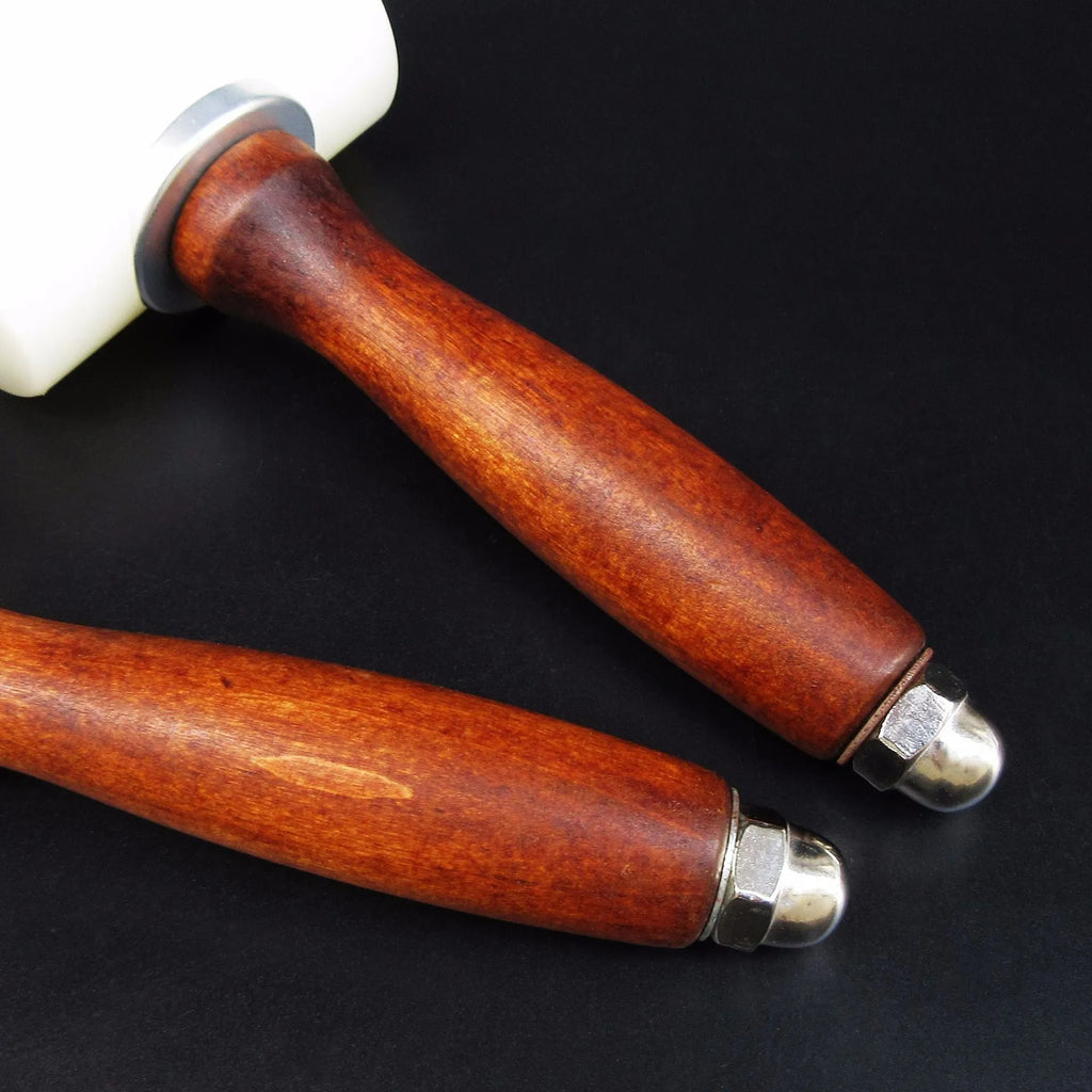 Nylon-headed leather carving hammer with brown wooden handle for punching and engraving leather