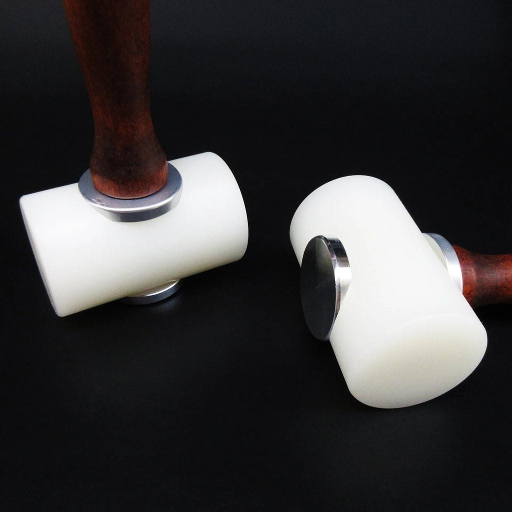 Nylon-headed leather carving hammer with brown wooden handle for punching and engraving leather