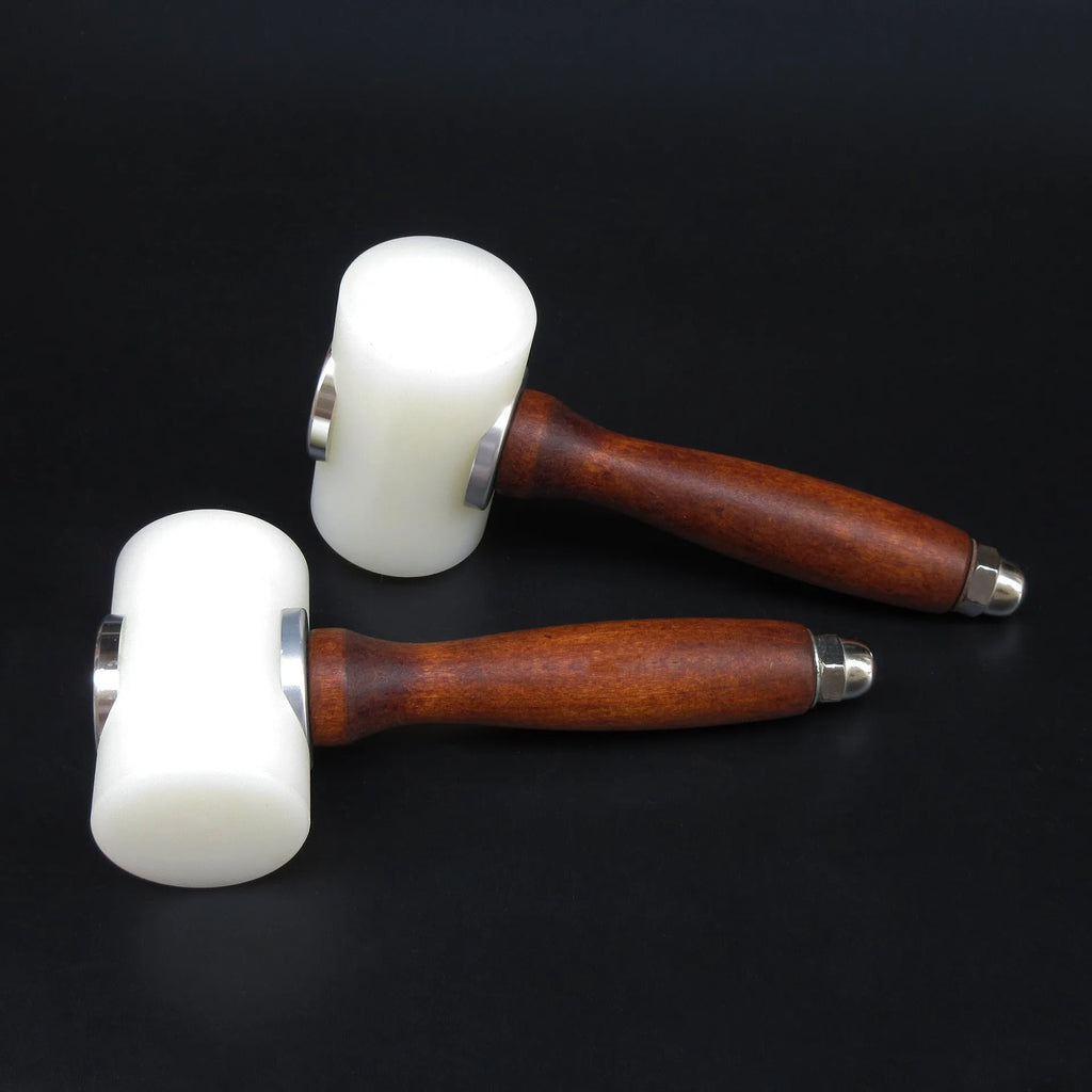 Nylon-headed leather carving hammer with brown wooden handle for punching and engraving leather