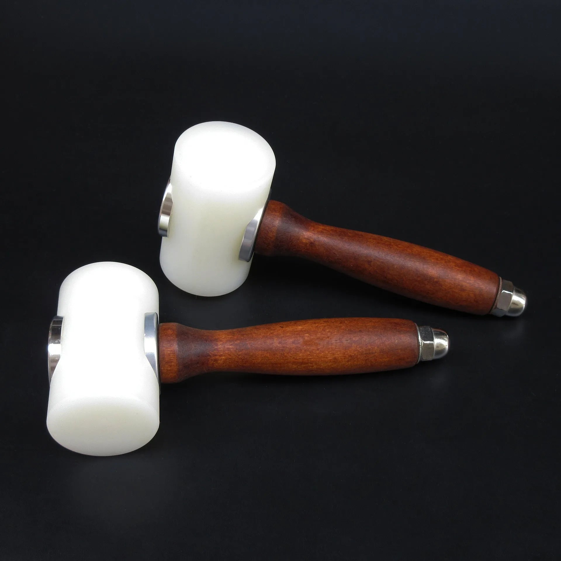 Nylon-headed leather carving hammer with brown wooden handle for punching and engraving leather