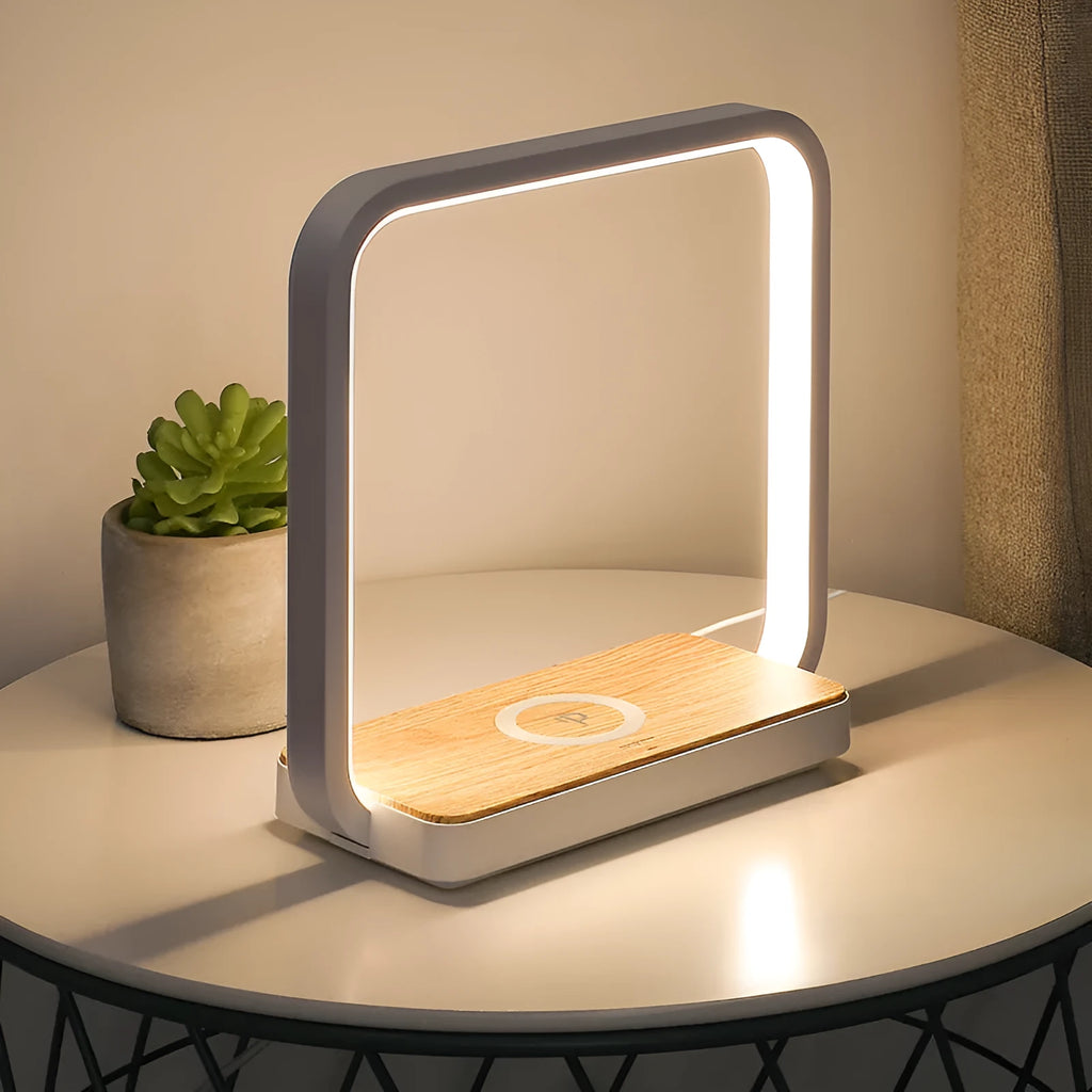 Modern white or gold aluminium smart bedside lamp with voice control and USB cable.