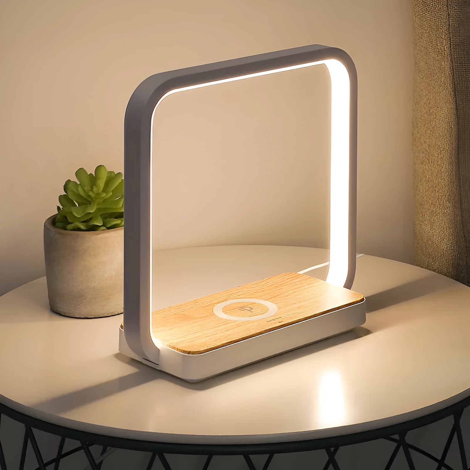 Modern white or gold aluminium smart bedside lamp with voice control and USB cable.