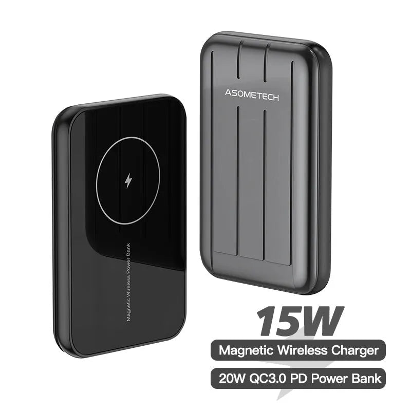 Blue magnetic wireless charger power bank attached to an iPhone 12, showing its portable design.