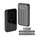Blue magnetic wireless charger power bank attached to an iPhone 12, showing its portable design.