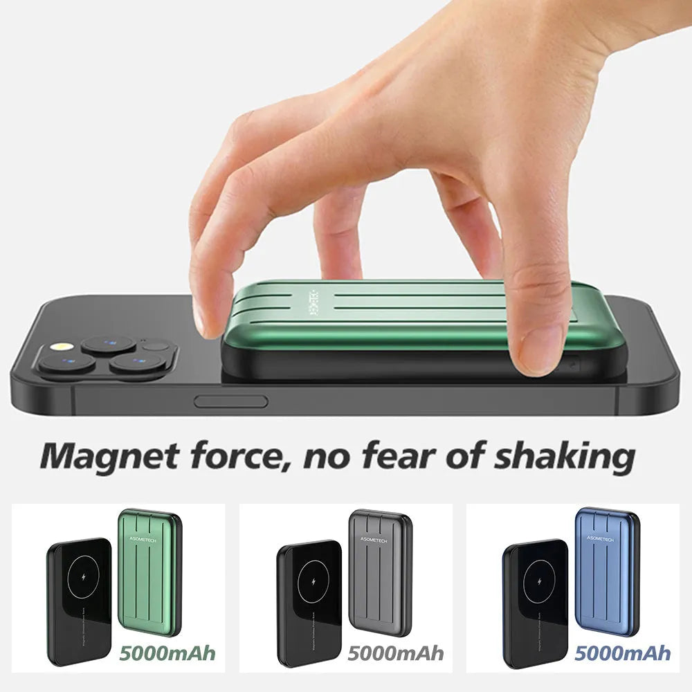 Blue magnetic wireless charger power bank attached to an iPhone 12, showing its portable design.
